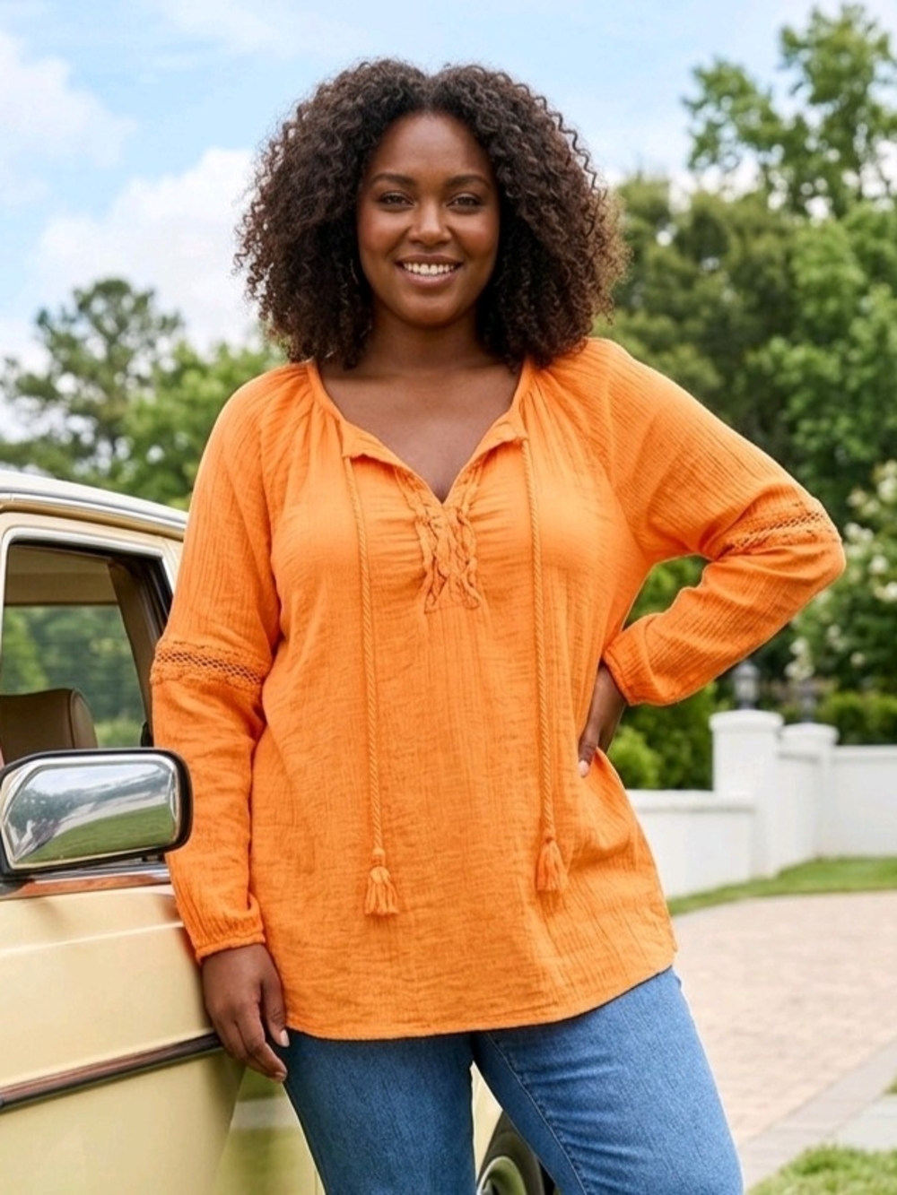 Lane Bryant Long-Sleeve Orange Blouse Delicate Crochet Trim, Tassel Ties 18/20